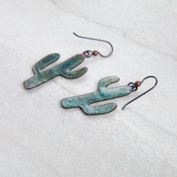 Handmade Copper Enamel Cactus Earrings Hand Crafted Artisan Vitreous Enamel - Picture 9 of 9